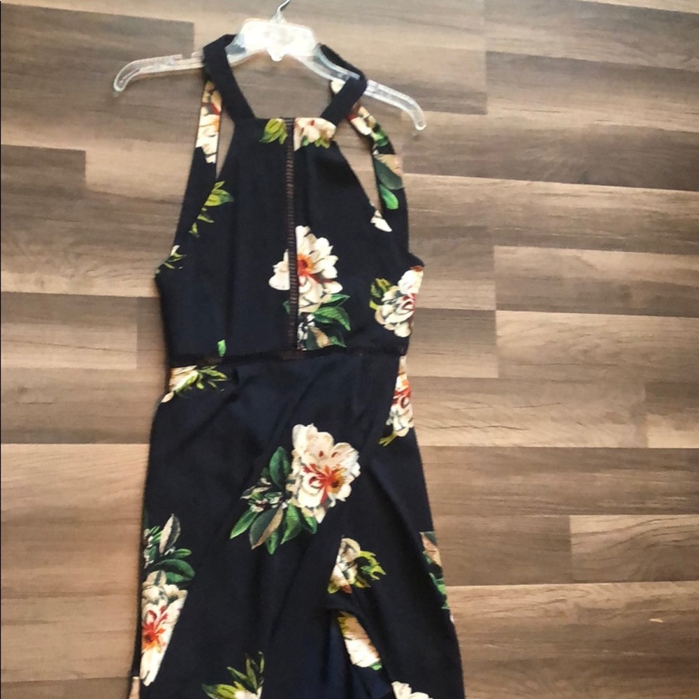 Floral floor length dress, slit & open back. Tag